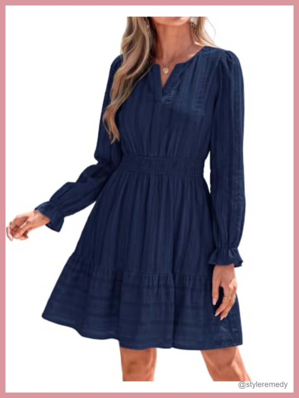 Women Long Sleeve V Neck Tiered Ruffle Mini Dress Flowy A Line